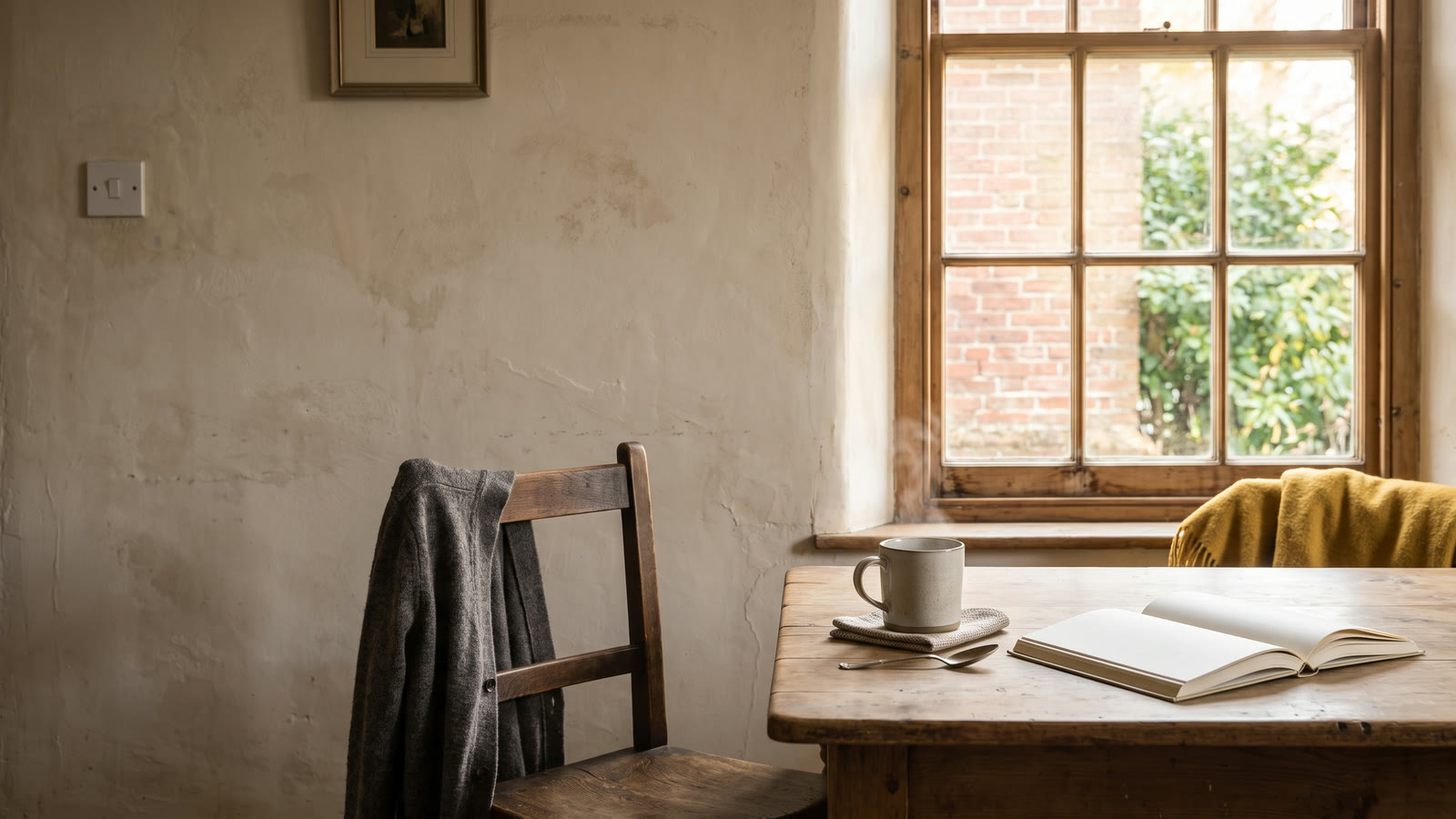A mug of tea steaming on a worn kitchen table beside an open notebook, with morning light coming through a sash window.
